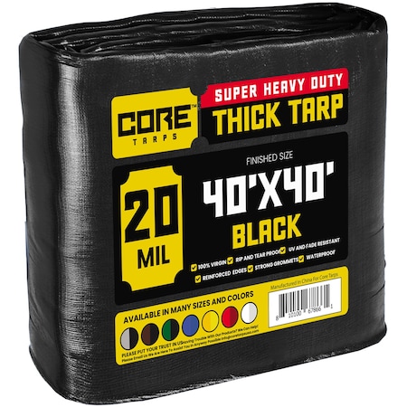 Core Tarps Heavy Duty Tarp, 40 ft x 40 ft, 20 Mil, Black, Polyethylene CT-706-40x40